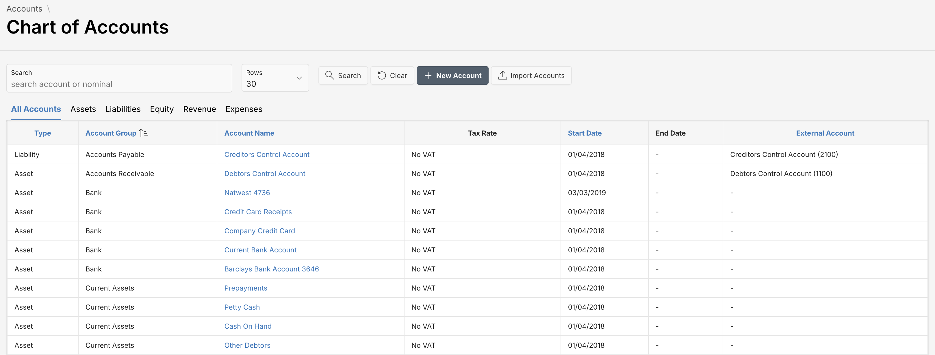 Chart of Accounts List