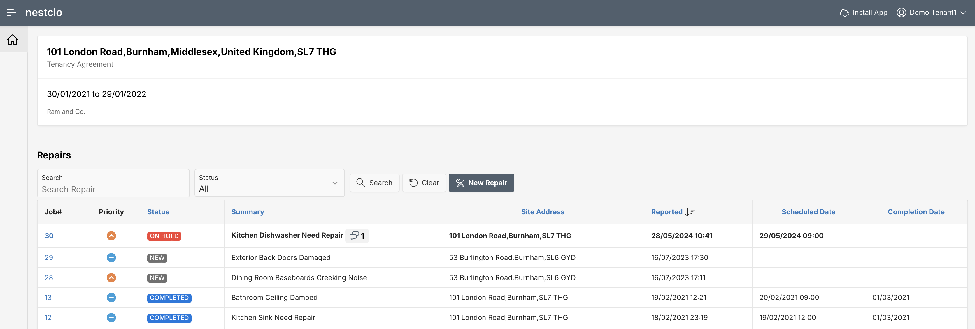 Tenant App Dashboard - Desktop Version